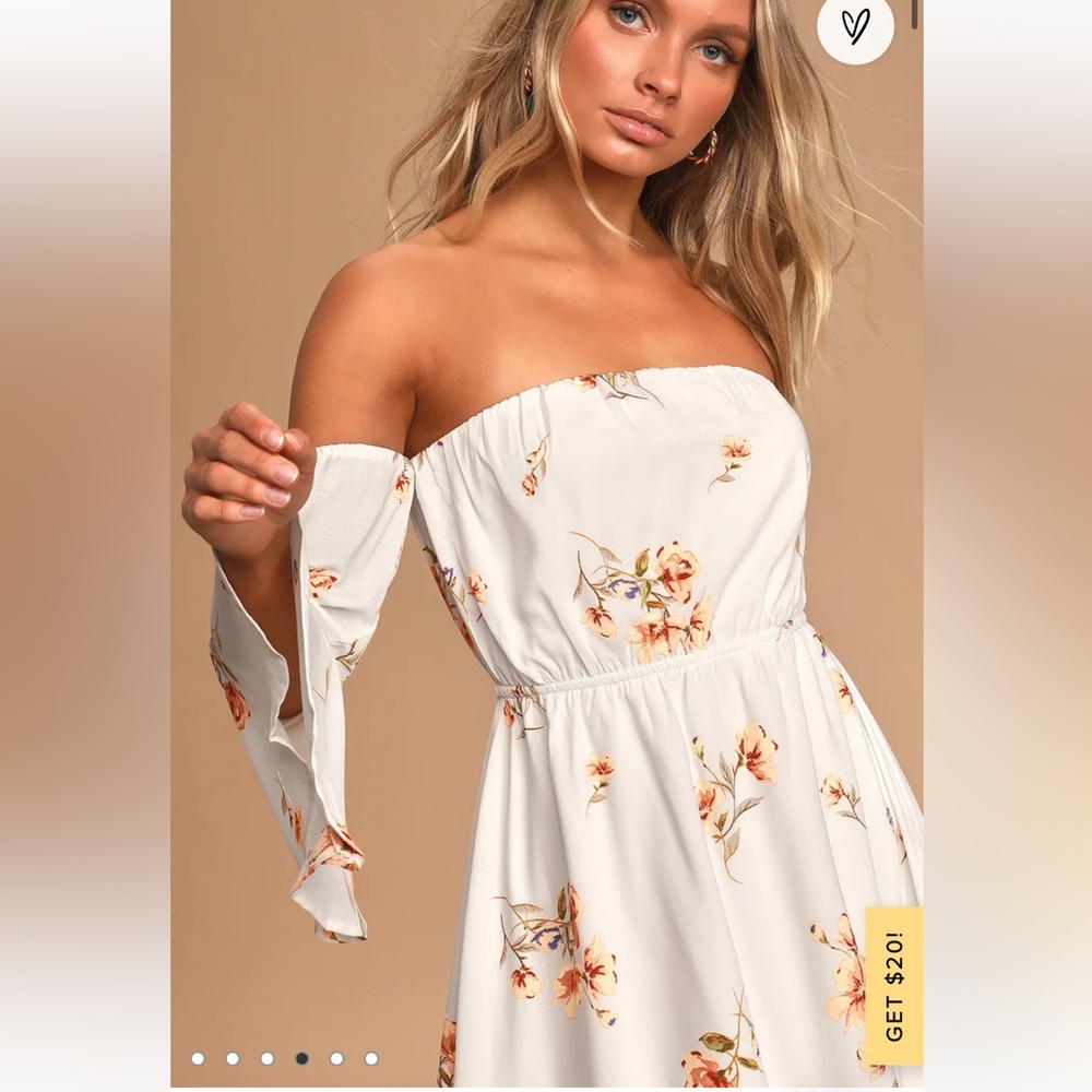 LULUS ivory off the shoulder mini romper dress